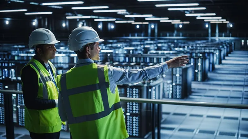 Two datacenter engineers in safety vests inspecting a server hall
