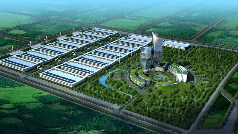 Aerial rendering of a large-scale datacenter campus surrounded by green fields