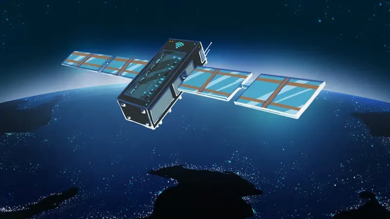 Satellite datacenter module with solar arrays orbiting above Earth at night