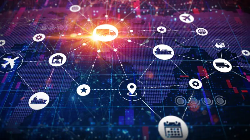 Global logistics network map with shipping, air freight and manufacturing icons