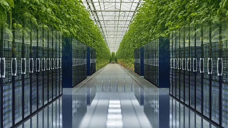 Server aisle merging into a green vertical farm, symbolising heat reuse