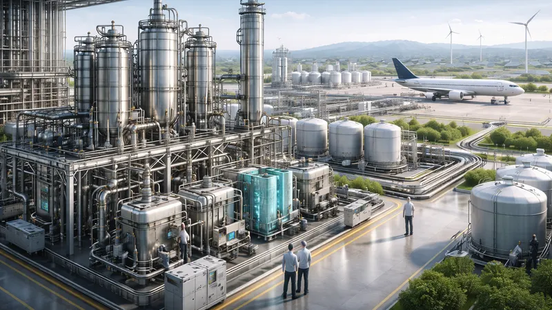 Sustainable aviation fuel production facility beside an airfield