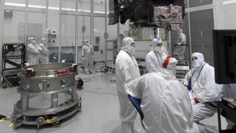 Technicians preparing a satellite in a clean room (NASA)