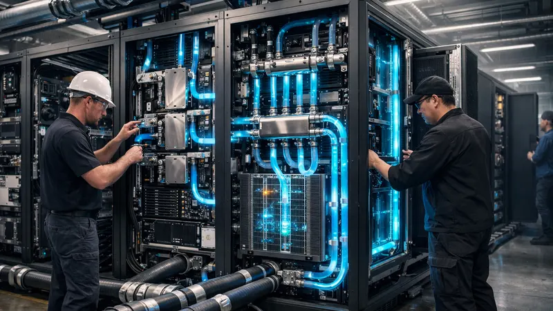 Technicians installing liquid cooling in a server rack