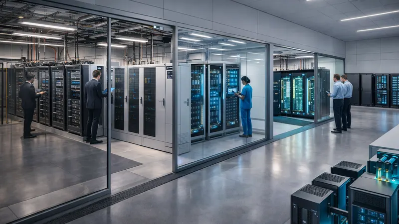 Enterprise datacenter with staff reviewing racks