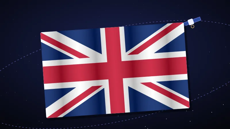 The flag of the United Kingdom with an orbiting satellite (illustration)