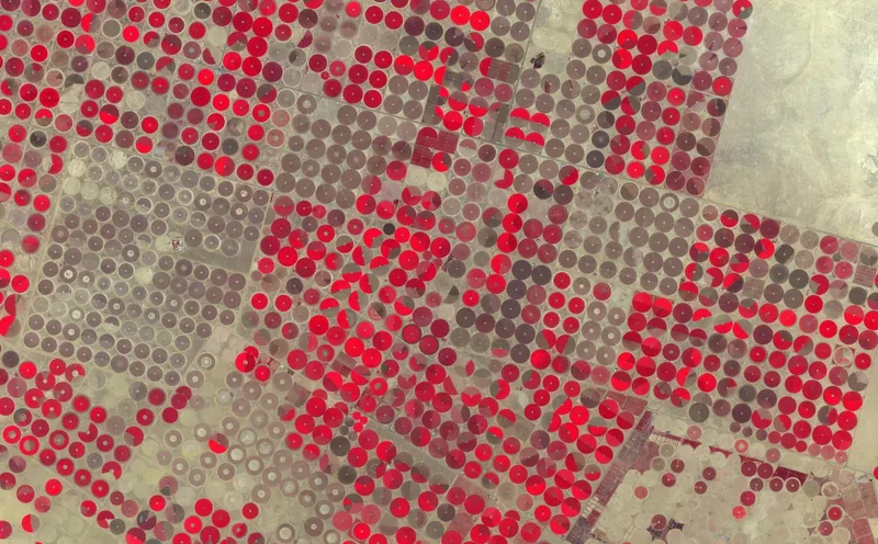 Irrigated crop circles in Al Jowf, Saudi Arabia, in false colour (NASA)