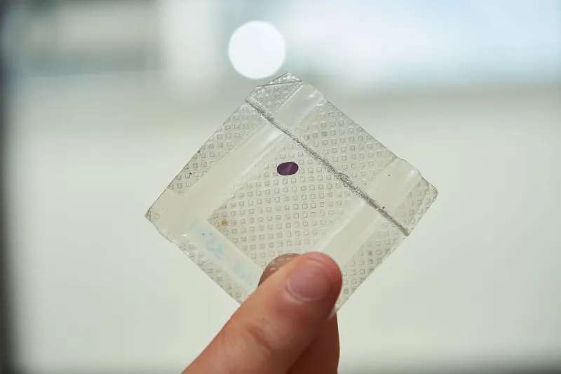 A thin protein film for an artificial retina held between fingers (NASA)
