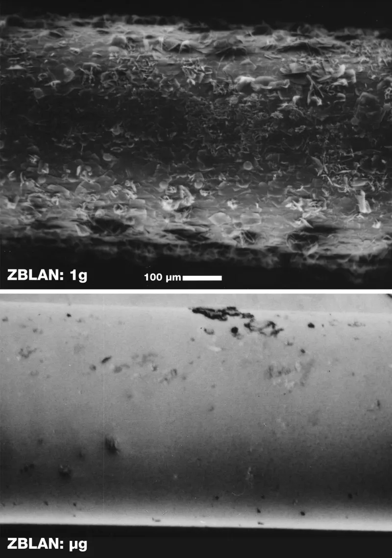 Micrographs comparing ZBLAN glass processed in microgravity and on the ground (NASA)
