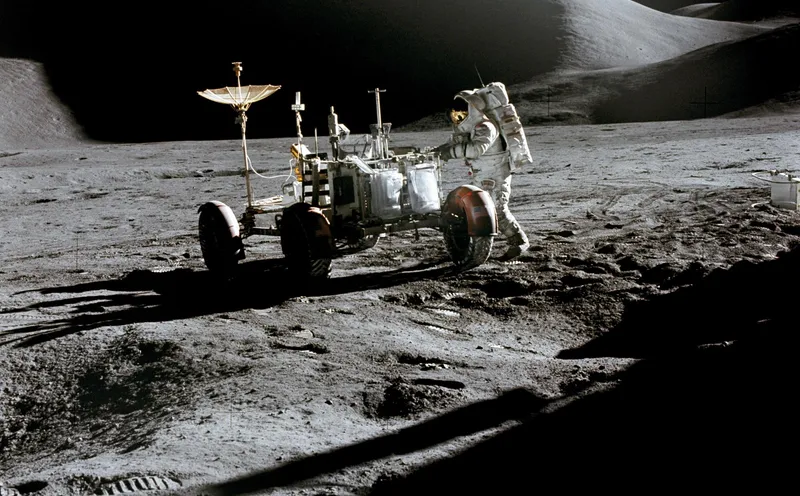 Apollo 15 astronaut James Irwin at the lunar roving vehicle (NASA)