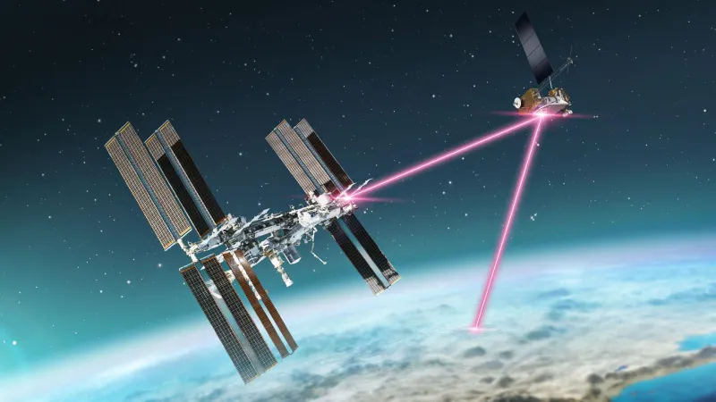 Illustration of a laser link from the International Space Station to a relay satellite (NASA)