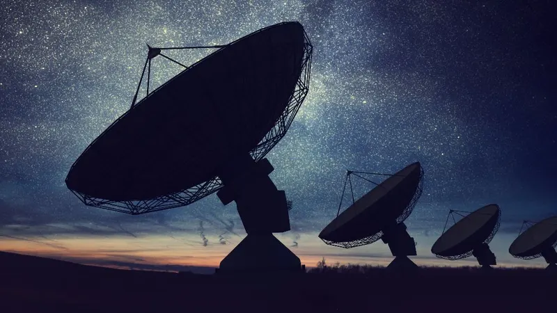 Satellite ground station antennas at dusk